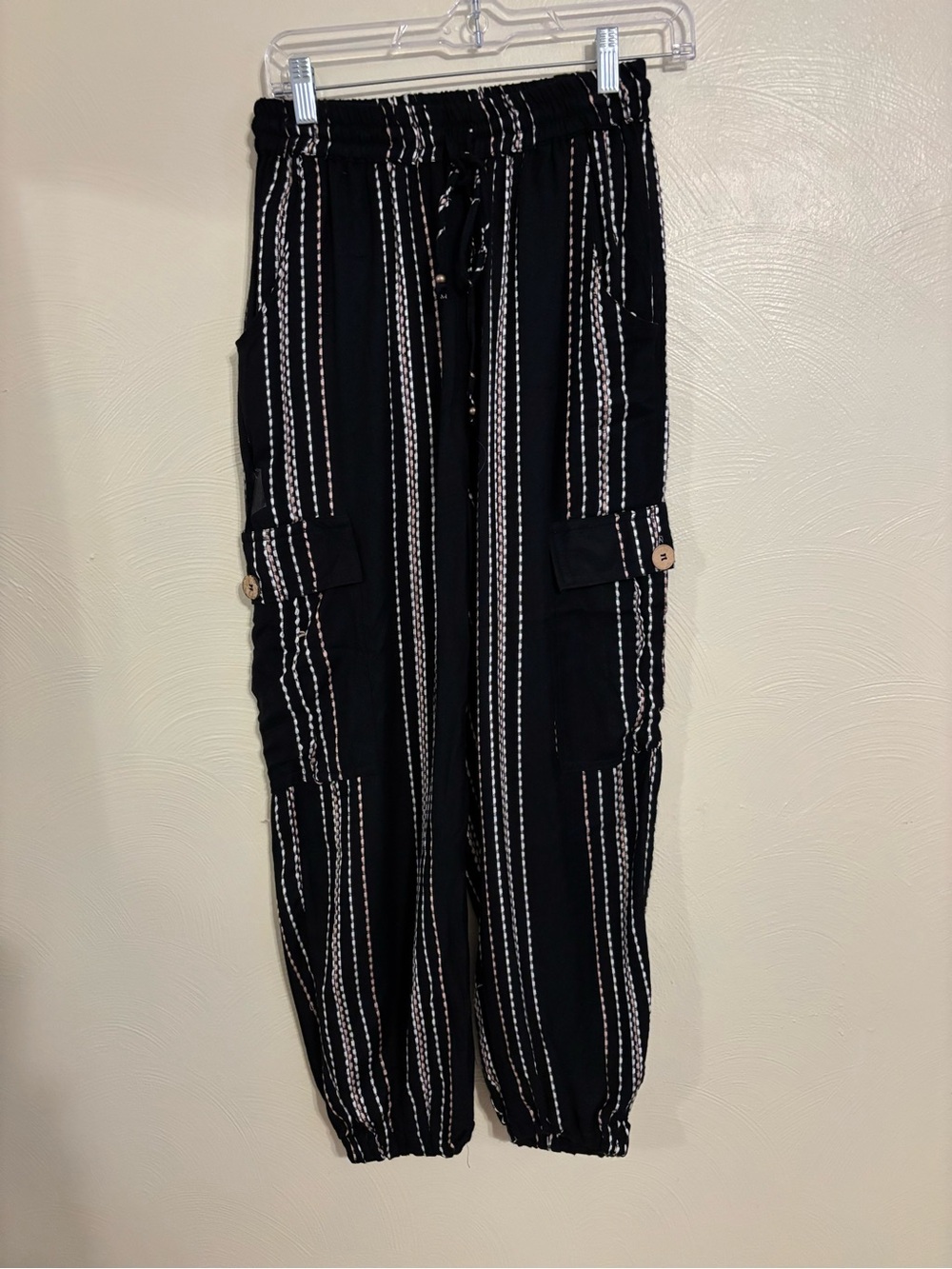 Angie Black Striped Rayon Cargo Jogger Pants Boho Size M